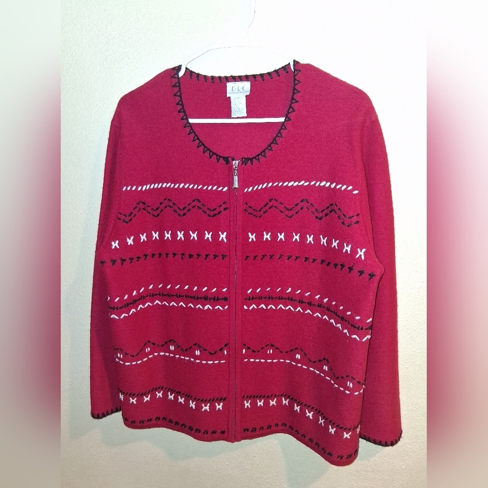 Cricket Lane CLC Red Wool Black & White Embroidered Cardigan Zipper Sweater L